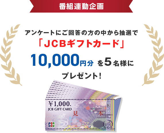 アンケートにご回答の方の中から抽選で「JCBギフトカード」10,000円分を5名様にプレゼント!